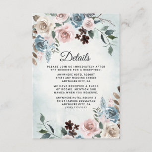 Dusty Blue en Blush Pink Mauve Floral Wedding Informatiekaartje