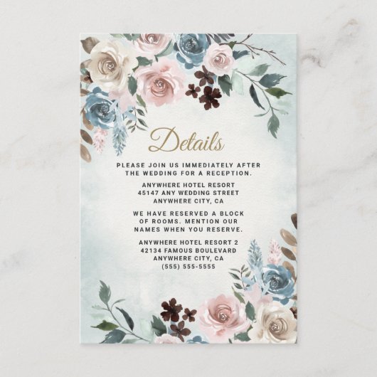 Dusty Blue en Blush Pink Mauve Floral Wedding Informatiekaartje (Voorkant)