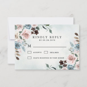 Dusty Blue en Blush Pink Mauve Floral Wedding RSVP Kaartje