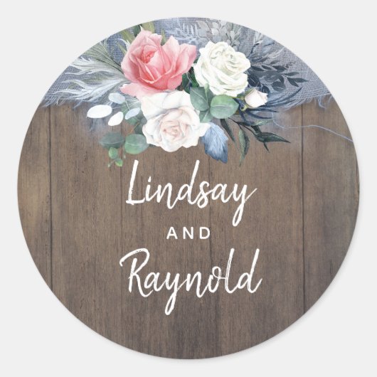 Dusty Blue en Blush Rustiek Land Hout en Linnen Ronde Sticker (Voorkant)