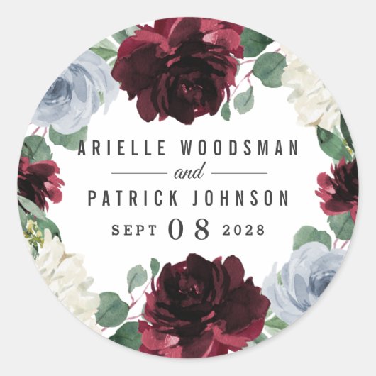 Dusty Blue en Bourgondië Cranberry herfstbruiloft Ronde Sticker (Voorkant)