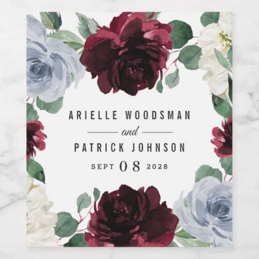 Dusty Blue en Bourgondië Cranberry herfstbruiloft Wijn Etiket (Enkel label)