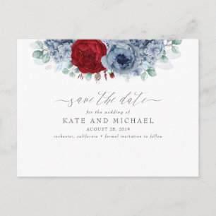 Dusty Blue en Bourgondië Red Floral Save the Date Briefkaart