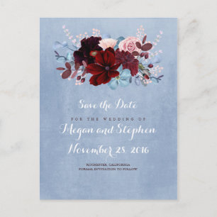 Dusty Blue en Bourgondië Save the Date Aankondigingskaart
