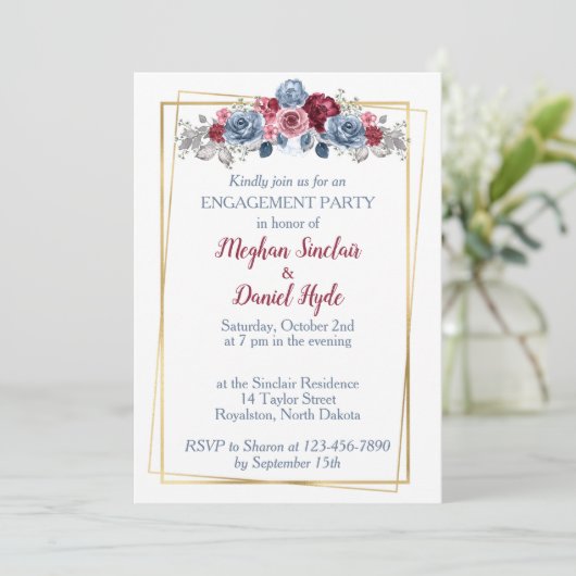 Dusty Blue en Burgundy Engagement Party Kaart (Staand voorkant)