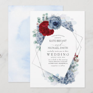 Dusty Blue en Burgundy Red Floral Elegant Wedding Kaart