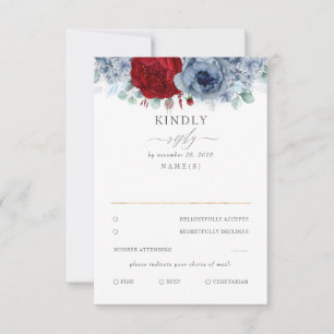Dusty Blue en Burgundy Red Floral Wedding RSVP Kaartje