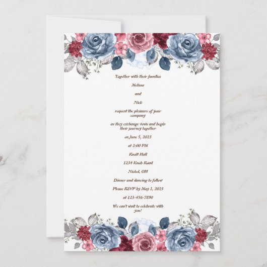 Dusty Blue en Burgundy Wedding Invitation Kaart (Voorkant)