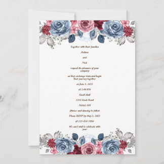 Dusty Blue en Burgundy Wedding Invitation Kaart