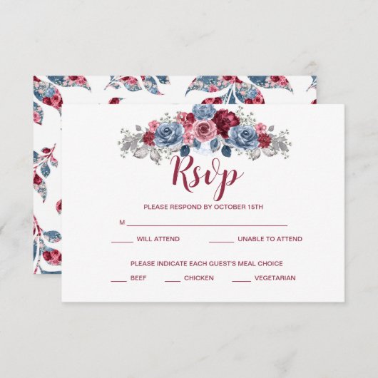Dusty Blue en Burgundy Wedding RSVP Enclosure Save The Date (Voorkant / Achterkant)