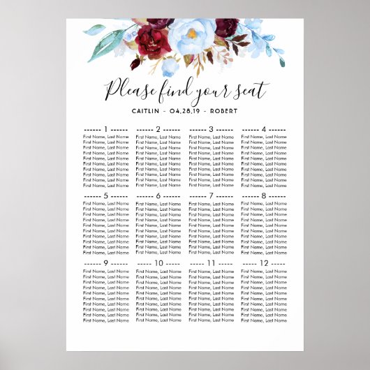 Dusty Blue en Burgundy Wedding Seating Chart Poster (Voorkant)
