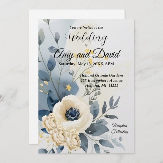 Dusty Blue en crème bruiloft uitnodiging (Voorkant / Achterkant)