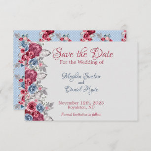 Dusty Blue en Deep Burgundy Floral Save the Date