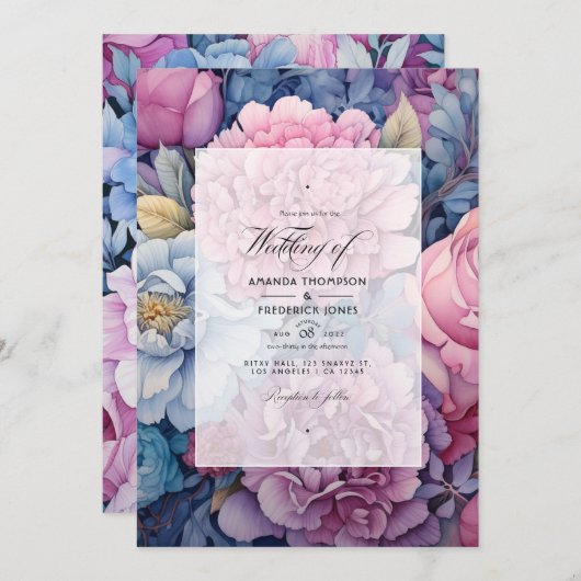 Dusty Blue en Dusty Roos Bloemenbruiloft Kaart (Voorkant / Achterkant)