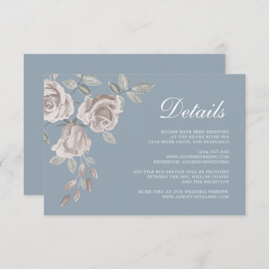 Dusty Blue en Dusty Roos Wedding Details Informatiekaartje (Voorkant / Achterkant)