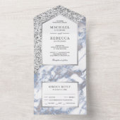 Dusty Blue en Faux Silver Glitter Marble Wedding All In One Uitnodiging (Binnen)