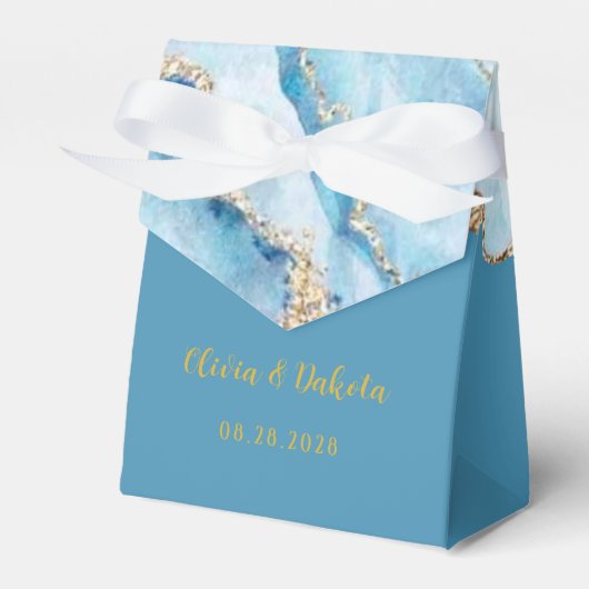 Dusty Blue en Gold Agate Custom Wedding Bedankdoosjes (Voorkant Zijde)