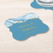 Dusty Blue en Gold Agate Custom Wedding Kartonnen Onderzetters (Gekanteld)
