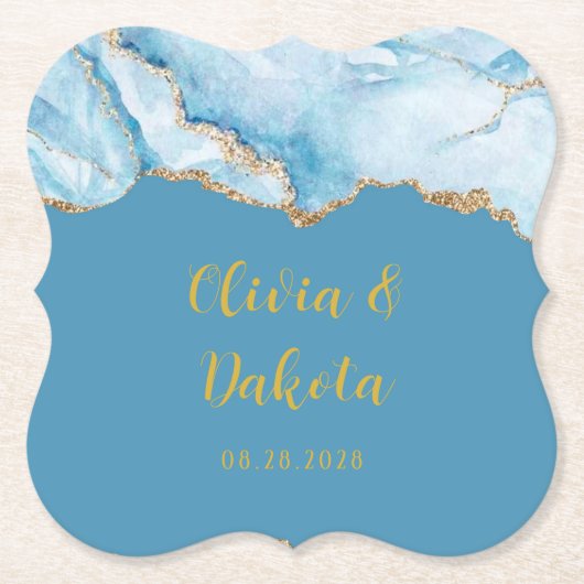Dusty Blue en Gold Agate Custom Wedding Kartonnen Onderzetters (Voorkant)