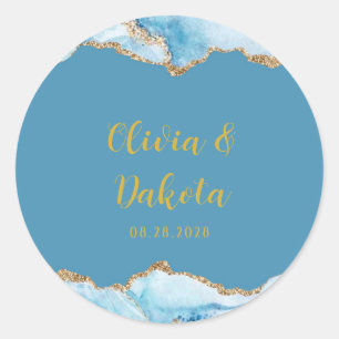 Dusty Blue en Gold Agate Custom Wedding Ronde Sticker