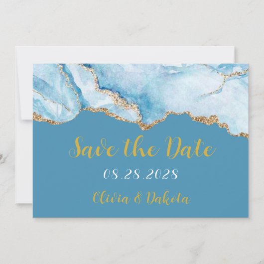 Dusty Blue en Gold Agate Save the Date Cards Kaart (Voorkant)