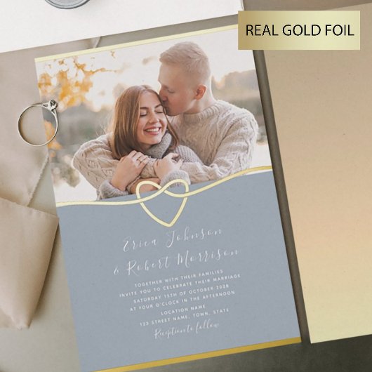 Dusty Blue en Gold bruiloft uitnodiging met foto