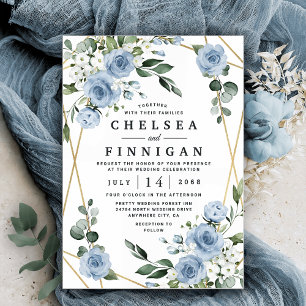 Dusty Blue en Gold Elegant Floral Rustic Wedding Kaart