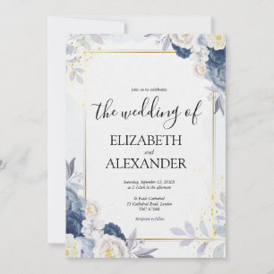 Dusty Blue en Gold Elegant Floral Rustic Wedding Kaart