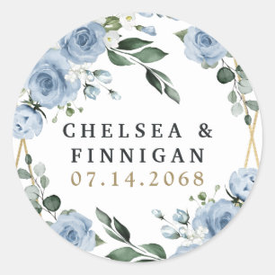 Dusty Blue en Gold Elegant Floral Rustic Wedding Ronde Sticker