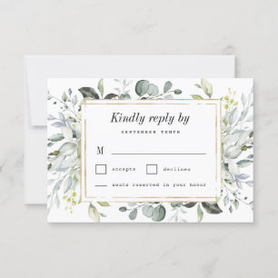 Dusty Blue en Gold Elegant Rustic Floral Wedding RSVP Kaartje