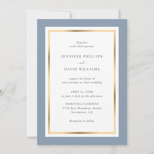 Dusty Blue en Gold Elegant Wedding Kaart (Voorkant)
