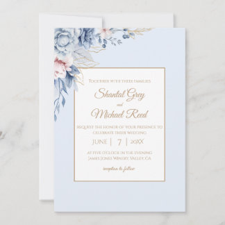 Dusty Blue en Gold Floral bruiloft uitnodiging