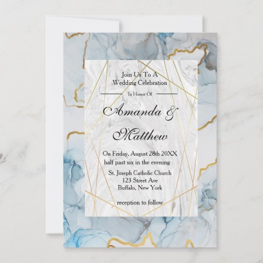 Dusty Blue en Gold Marble Wedding Invitations (Voorkant)
