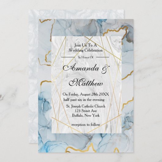 Dusty Blue en Gold Marble Wedding Invitations (Voorkant / Achterkant)