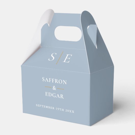 Dusty Blue en Gold Monogram Weddenschap Bedankdoosjes (Voorkant Zijde)