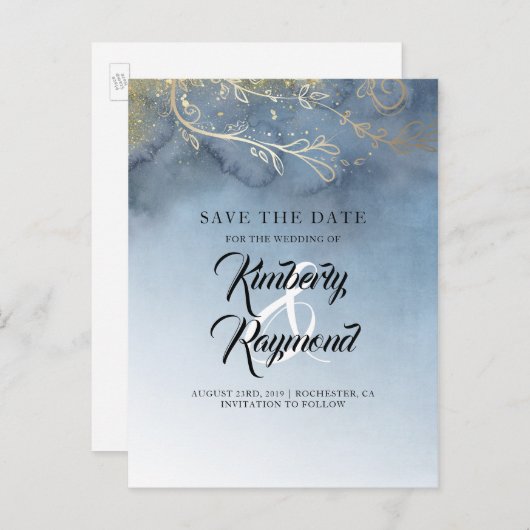 Dusty Blue en Gold Sla de datum op Aankondigingskaart (Voorkant / Achterkant)