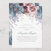 Dusty Blue en Mauve Bloemen Verjaardagsfeest Kaart (Voorkant / Achterkant)