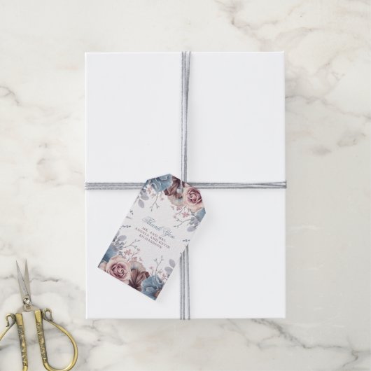 Dusty Blue en Mauve Bloemenbruiloft Cadeaulabel (Met Touw)