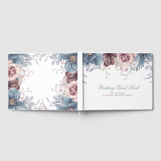 Dusty Blue en Mauve Bloemenbruiloft Gastenboek (Volledig)