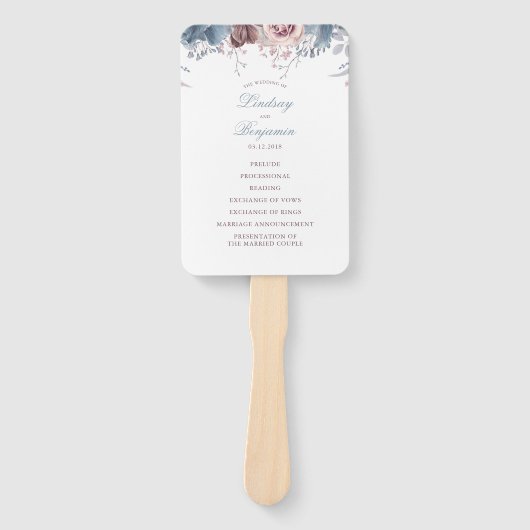 Dusty Blue en Mauve Floral bruiloft programma Handwaaier (Voorkant)