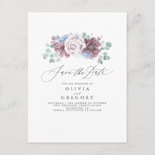 Dusty Blue en Mauve Floral Save The Date Kaart