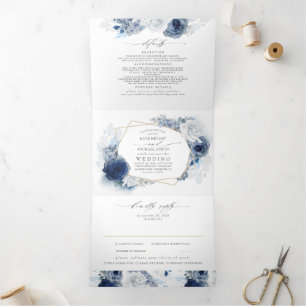 Dusty Blue en Navy Bloemen Botanische Bruiloft Drieluik Uitnodiging