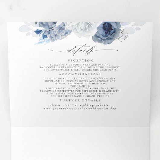 Dusty Blue en Navy Bloemen Botanische Bruiloft Tri Drieluik Uitnodiging (Binnenzijde eerst)
