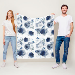 Dusty Blue en Navy Blue Bloemen Elegant Stijlvol Fleece Deken