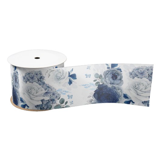Dusty Blue en Navy Blue Floral Elegant Romantisch Lint (Spoel)