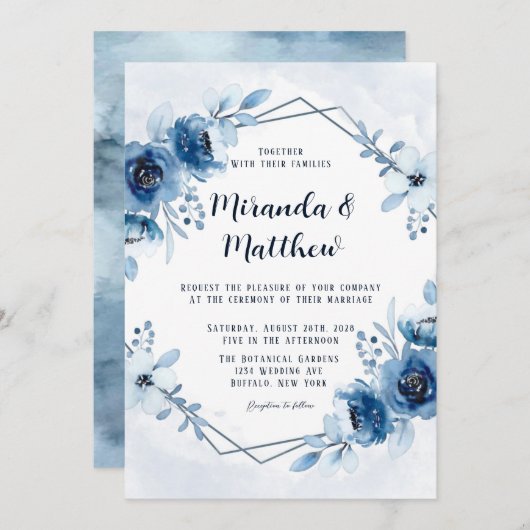 Dusty Blue en Navy Waterverf Peonies Wedding Inv Kaart (Voorkant / Achterkant)