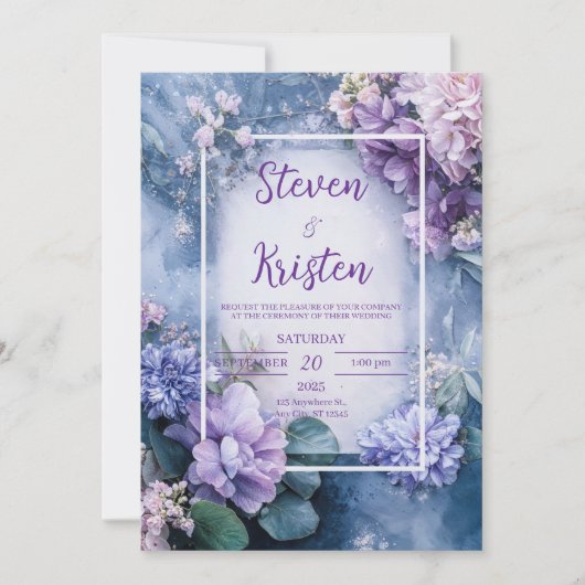Dusty Blue en Paarse Bloemen Huwelijksuitnodiging Kaart (Voorkant)