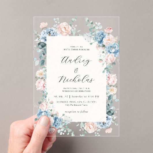 Dusty Blue en Peach Elegant Bloemen Huwelijk Acryl Uitnodigingen (Insitu (Draagbaar))