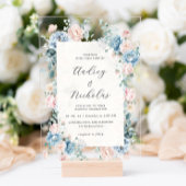 Dusty Blue en Peach Elegant Bloemen Huwelijk Acryl Uitnodigingen