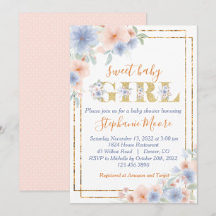 Dusty Blue en Peach Floral Baby shower Kaart